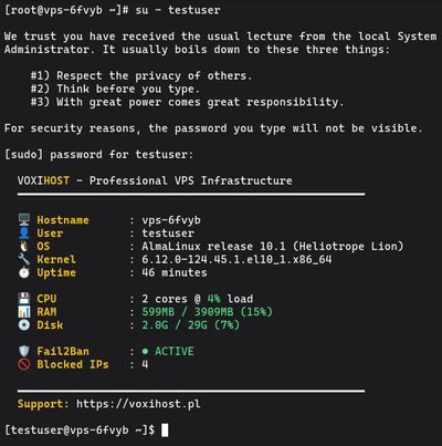 Running su - yourusername command on AlmaLinux, CentOS, Rocky Linux & Fedora to switch to the new user account