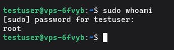 Running sudo whoami on Ubuntu to verify that sudo privileges were successfully granted to new user