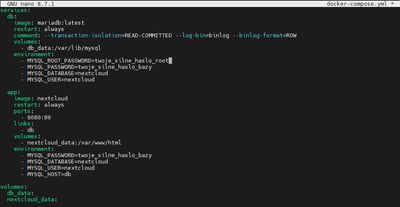 Otwieranie pliku docker-compose.yml w edytorze nano