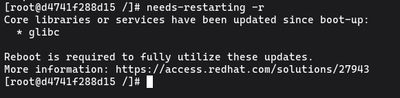 Running sudo needs-restarting -r on AlmaLinux to check if a reboot is required after kernel update