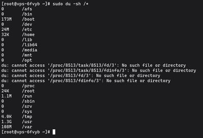 Uruchamianie du -sh /* aby znaleźć duże katalogi aplikacji zajmujące miejsce na dysku