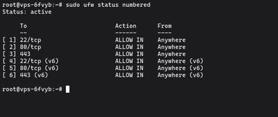 Running sudo ufw status numbered on Ubuntu to list firewall rules with numbers for deletion
