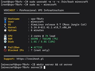 Creating a dedicated 'minecraft' user to safely host the 1.19 server