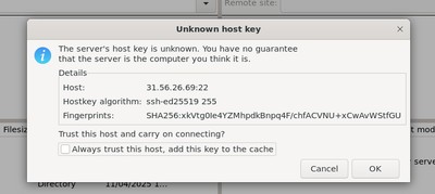 FileZilla host key verification popup when connecting to a VPS for the first time via SFTP