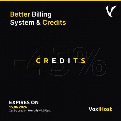 VoxiHost launch promotion banner showcasing the CREDITS promo code for 45% discount