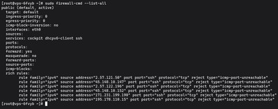 Running sudo firewall-cmd --list-all on AlmaLinux to list all currently active firewall rules and open services in the public zone