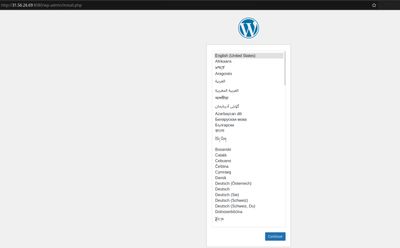 WordPress installation wizard screen in browser after launching a WordPress plus MySQL Docker Compose stack on Ubuntu VPS