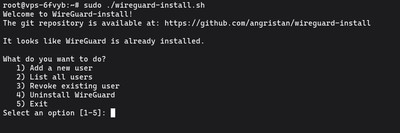 Running the WireGuard install script again to open the management menu for adding more VPN clients