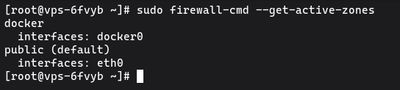 Running sudo firewall-cmd --get-active-zones on AlmaLinux to display which firewalld zones are active and which interfaces are assigned to them