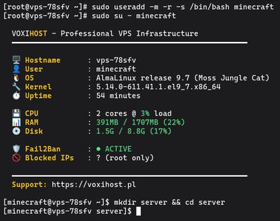 Creating a dedicated 'minecraft' user to safely host the legacy server