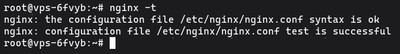 Running sudo nginx -t to test Nginx server block configuration for syntax errors before enabling the LEMP site