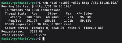 Terminal output showing wrk benchmark test results for Apache with connection timeouts