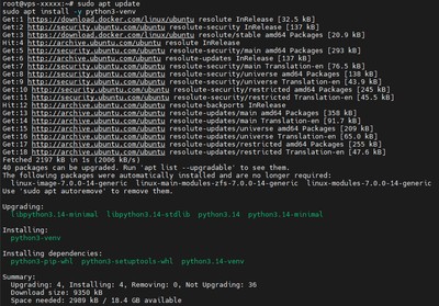 Wyjście terminala pokazujące pomyślną instalację pakietu python3-venv za pomocą apt