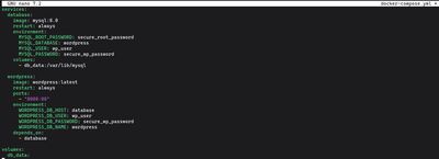 Running nano docker-compose.yml to open the Docker Compose configuration file for editing on Ubuntu