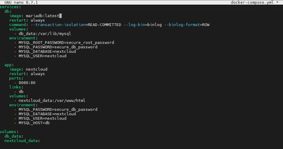 Opening docker-compose.yml with nano editor