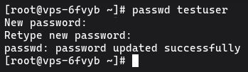 Running passwd yourusername command on AlmaLinux, CentOS, Rocky Linux & Fedora to set a password for the new user account