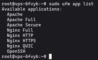 Uruchamianie sudo ufw app list na Ubuntu aby wyświetlić dostępne profile aplikacji zapory Nginx
