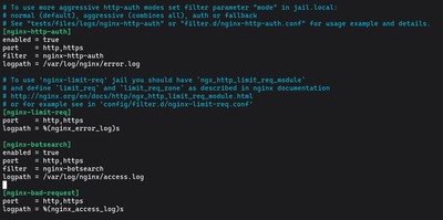 Editing the jail.local configuration file in nano to enable Nginx jails