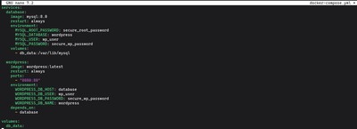 Running nano docker-compose.yml to open the Docker Compose configuration file for editing on Ubuntu