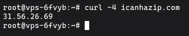 Running curl -4 icanhazip.com on Ubuntu to display the server's public IP address in terminal