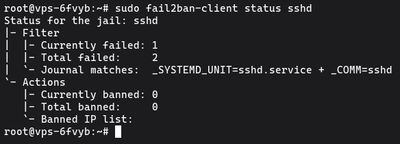 Running sudo fail2ban-client status sshd to check how many IPs are banned in the SSH jail