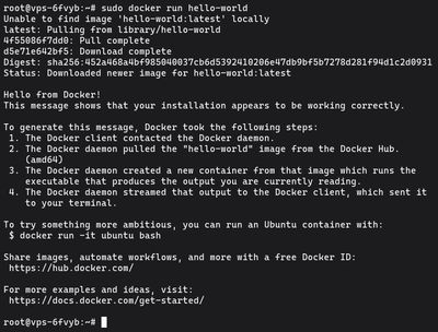 Running sudo docker run hello-world on Ubuntu to verify Docker Engine installation is working