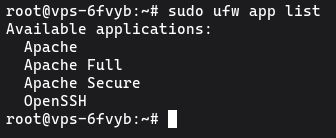 Running sudo ufw app list on Ubuntu showing Apache firewall application profiles
