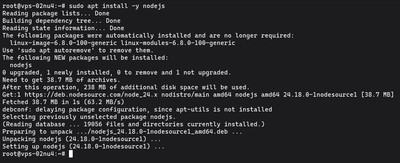 Wyjście terminala pokazujące pomyślną instalację pakietu nodejs za pomocą apt