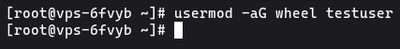 Running usermod -aG wheel yourusername command on AlmaLinux, CentOS, Rocky Linux & Fedora to add the new user to the wheel group