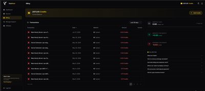 VoxiHost Dashboard showing the redesigned billing page with credit packages and currency selectors