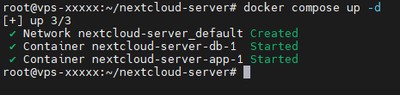 Running docker compose up -d to start the Nextcloud stack