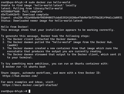 Uruchamianie sudo docker run hello-world na Ubuntu aby zweryfikować że instalacja Docker Engine działa