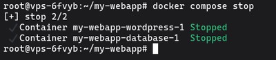 Running docker compose stop to temporarily stop all running containers in a Docker Compose project without removing them