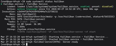 Uruchamianie sudo systemctl status fail2ban na AlmaLinux, CentOS, Rocky Linux i Fedorze aby sprawdzić status fail2ban