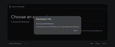 Strona logowania Google przekierowująca do panelu VoxiHost