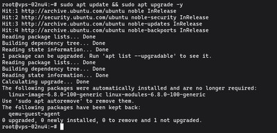 Ekran terminala pokazujący świeżo zaktualizowaną instancję Ubuntu gotową do instalacji oprogramowania