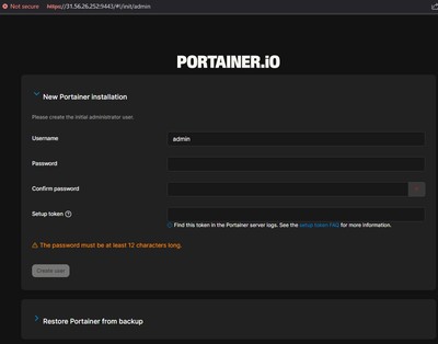 Portainer initial admin account setup screen in the browser