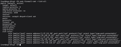 Running sudo firewall-cmd --list-all on AlmaLinux to list all currently active firewall rules and open services in the public zone