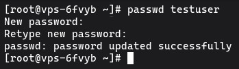 Running passwd yourusername command on AlmaLinux, CentOS, Rocky Linux & Fedora to set a password for the new user account