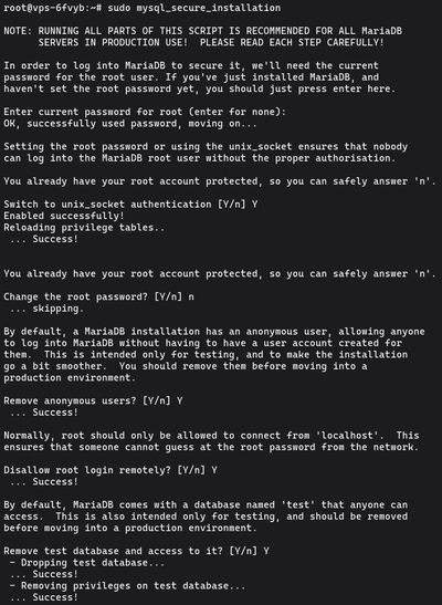 Uruchamianie sudo mysql_secure_installation na Ubuntu aby zabezpieczyć instalację MariaDB usuwając użytkowników anonimowych, wyłączając zdalne logowanie root i przeładowując tabele uprawnień
