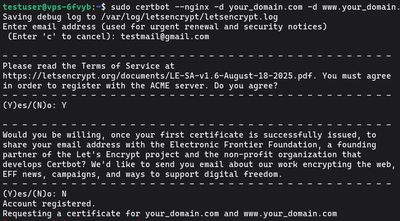 Uruchamianie sudo certbot --nginx -d twoja_domena.com -d www.twoja_domena.com na Ubuntu/Debian - wynik terminala