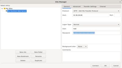 Adding VPS IP address, username, and SSH key file in FileZilla Site Manager for secure connection