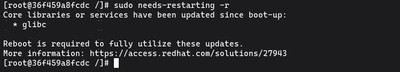 Running sudo needs-restarting -r on Fedora to check if a reboot is needed after kernel update