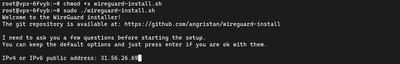 Running sudo chmod and then sudo ./wireguard-install.sh to launch the WireGuard auto-installer on Ubuntu
