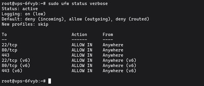 Uruchamianie sudo ufw status verbose pokazujące aktywne reguły zapory dla SSH, HTTP i HTTPS na Ubuntu