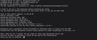 Pytania konfiguracyjne skryptu WireGuard pokazujące adres IP, port i opcje resolvera DNS na Ubuntu