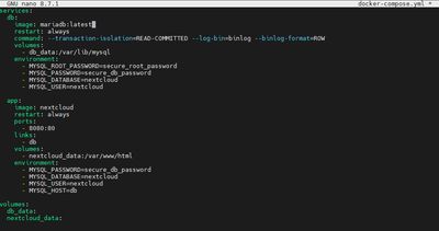 Opening docker-compose.yml with nano editor