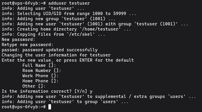 Uruchamianie polecenia adduser w terminalu Ubuntu aby utworzyć nowe konto użytkownika niestandardowego