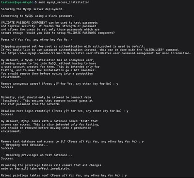 Uruchamianie sudo mysql_secure_installation aby zabezpieczyć instalację MySQL