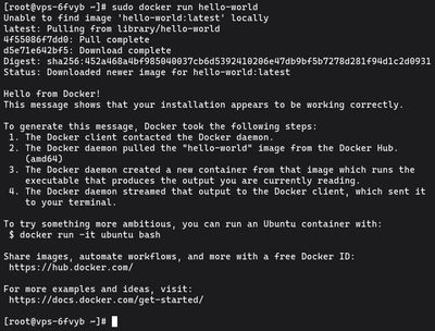 Running sudo docker run hello-world on AlmaLinux or Rocky Linux to verify Docker Engine is installed and working correctly